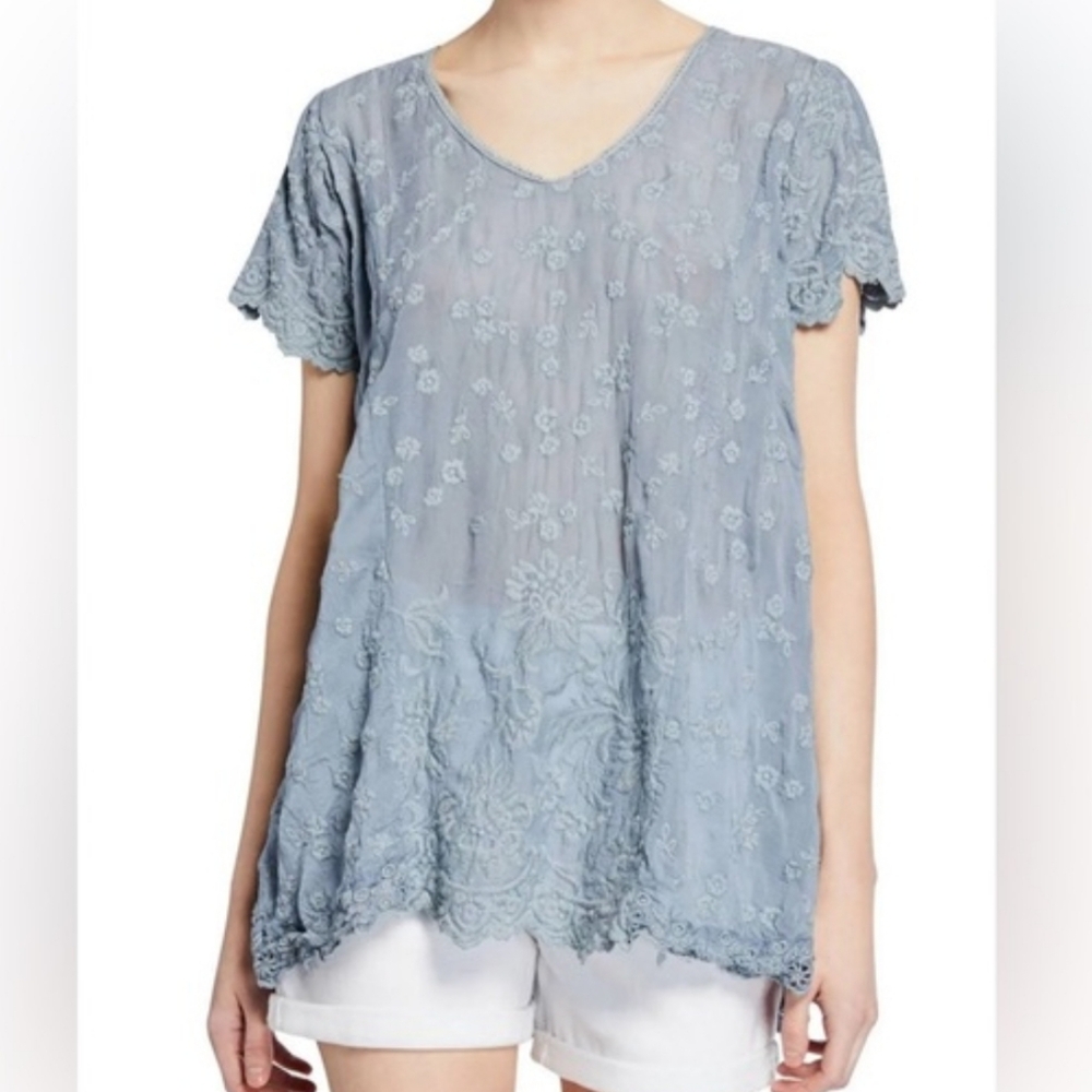 Johnny Was Aubrey Blouse Top Shirt Floral Embroidery Bohemian Hippie Fog Blue XS